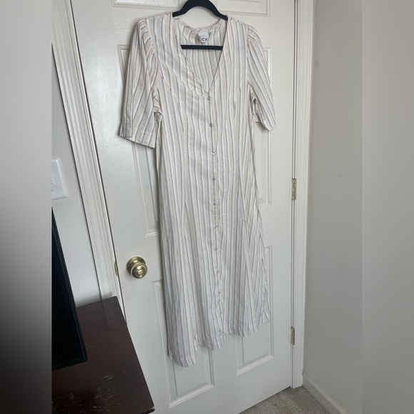 ICHI Striped Button Down Maxi Dress Linen Blend Look V-Neck Short Sleeve Neutral - Picture 2 of 15